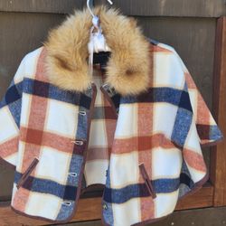 Plaid Cape With Faux Fur Collar