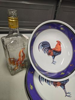 Rooster Print Plates Set with Empty Bottle