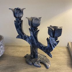 Vintage Carved Onyx Black Gray Rose Branch Three Candle Candelabra