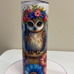 20oz Tumbler, With Three Owls, Flowers, And Butterflies, (item T-205)