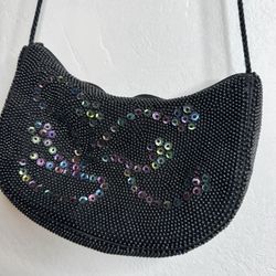 Vintage Black Beaded Sequin Mini Shoulder Bag / Evening Purse