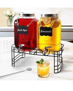 New 2 Gallon Double Glass Beverage Dispenser Set with Metal Stand