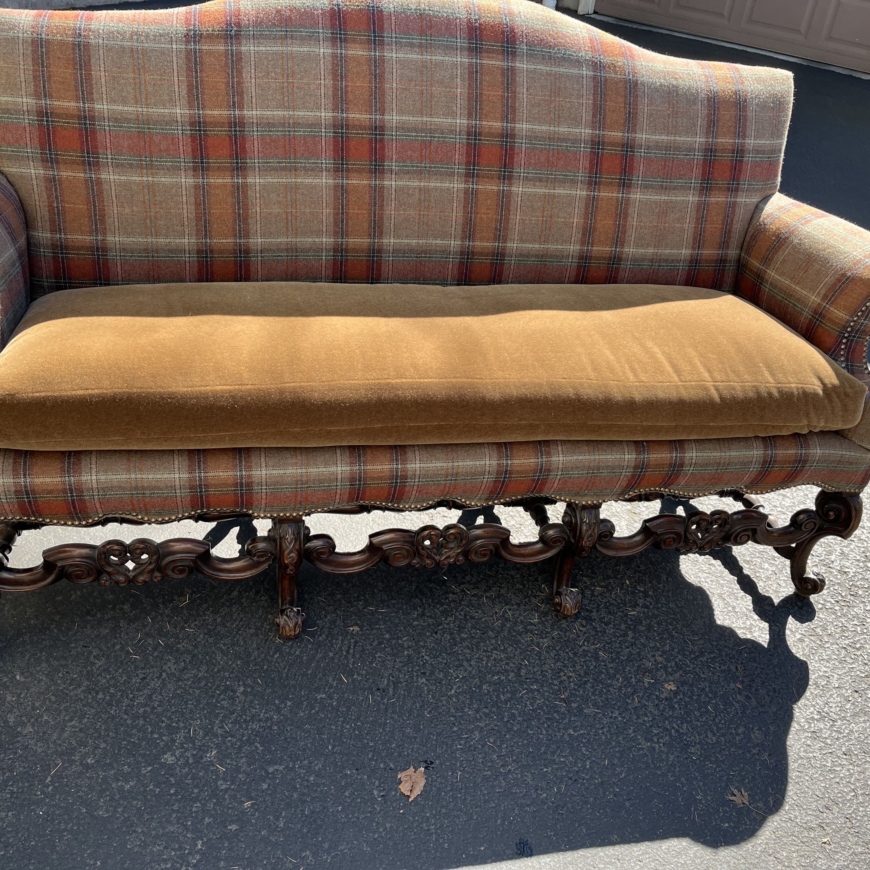 Circa 1900 Charles II carved walnut sofa with mohair upholstrey