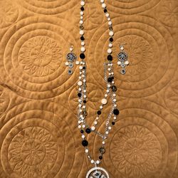 Carolee Elegant Black and Cream Multi-Strand Pendant Necklace with Matching Earrings