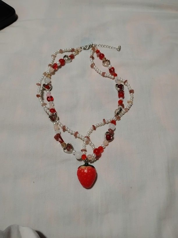 Pearls Beaded Strawberry And Hearts Choker necklace