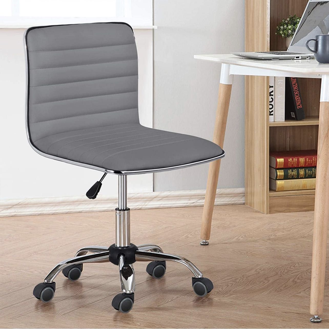 PU Leather Office Chair Task Chair, Ribbed Armless Desk Chair, Adjustable Low Back Executive Chair with Wheels Grey591530