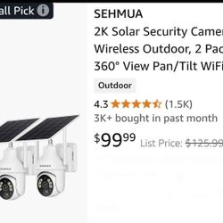 SEHMUA 2K Solar Security Cameras Wireless Outdoor, 2 Pack 360° View Pan/Tilt WiFi Secur