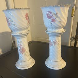Half off;  2 Pink Floral Glass Pedestal Vases