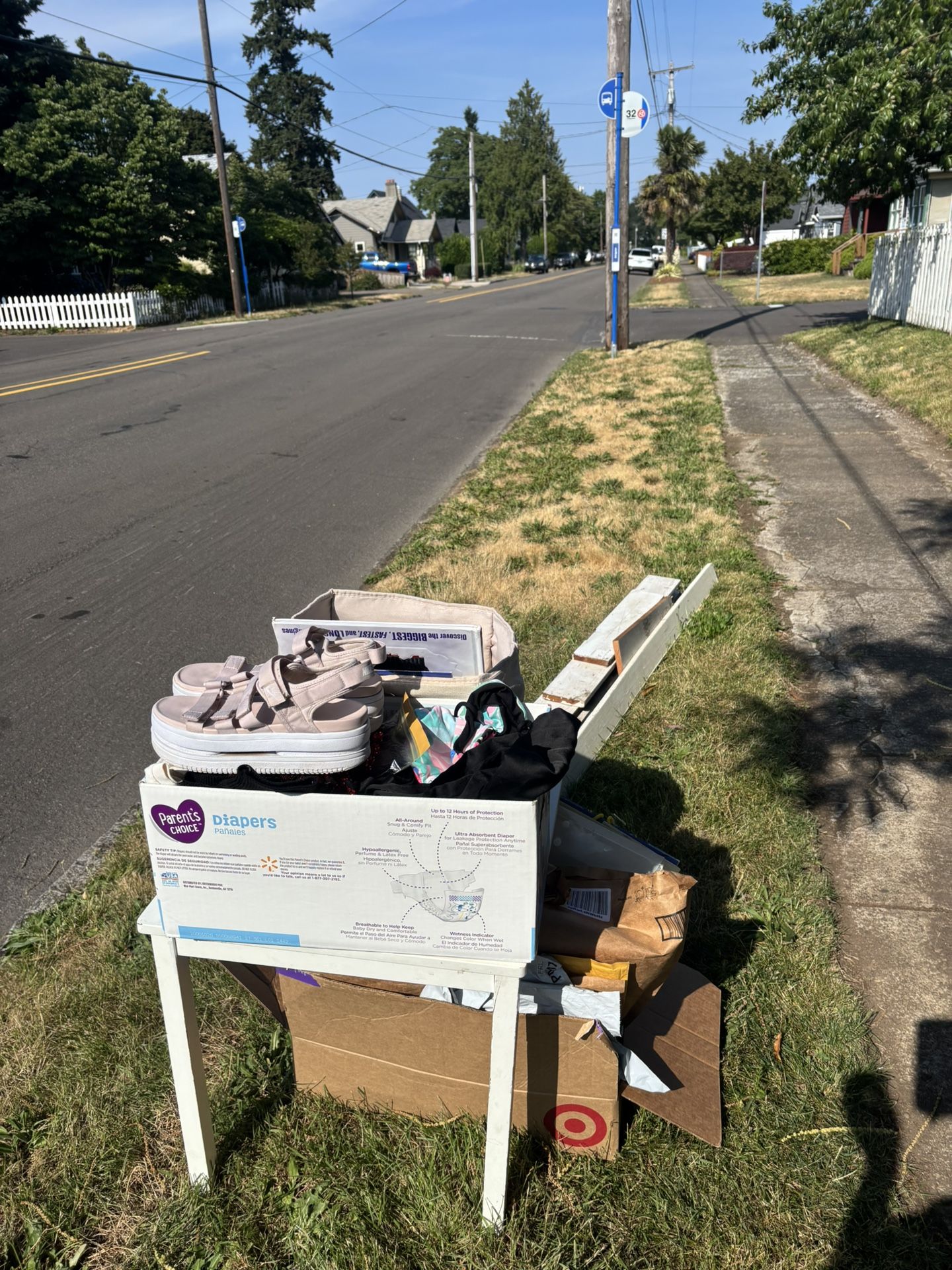 Free Pile: Books, Clothing Nike Sandals, Packing Supplies