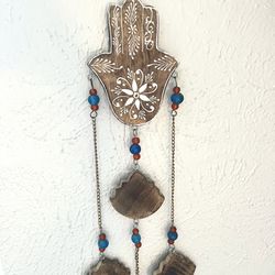 Perfect Condition: Thick Wood Hanging Hamsa Hand Wind Chime Decor, Brass Bells, mobile