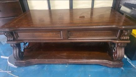 Ornate Wood & Iron Lift-Top Coffee Table  with Drawer on rollers