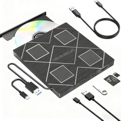 5-in-1 Extemal CD/DVD Drive for Laptop,USB 3.0 & Type-C Portable CD/DvD Rw Burner with SD/TF Card Reader &DVD-ROM Rewritable Player，Compatible with La