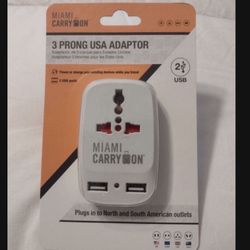 Miami Carry On 3 Prong Adapter Power Or Charge 2 USB Ports