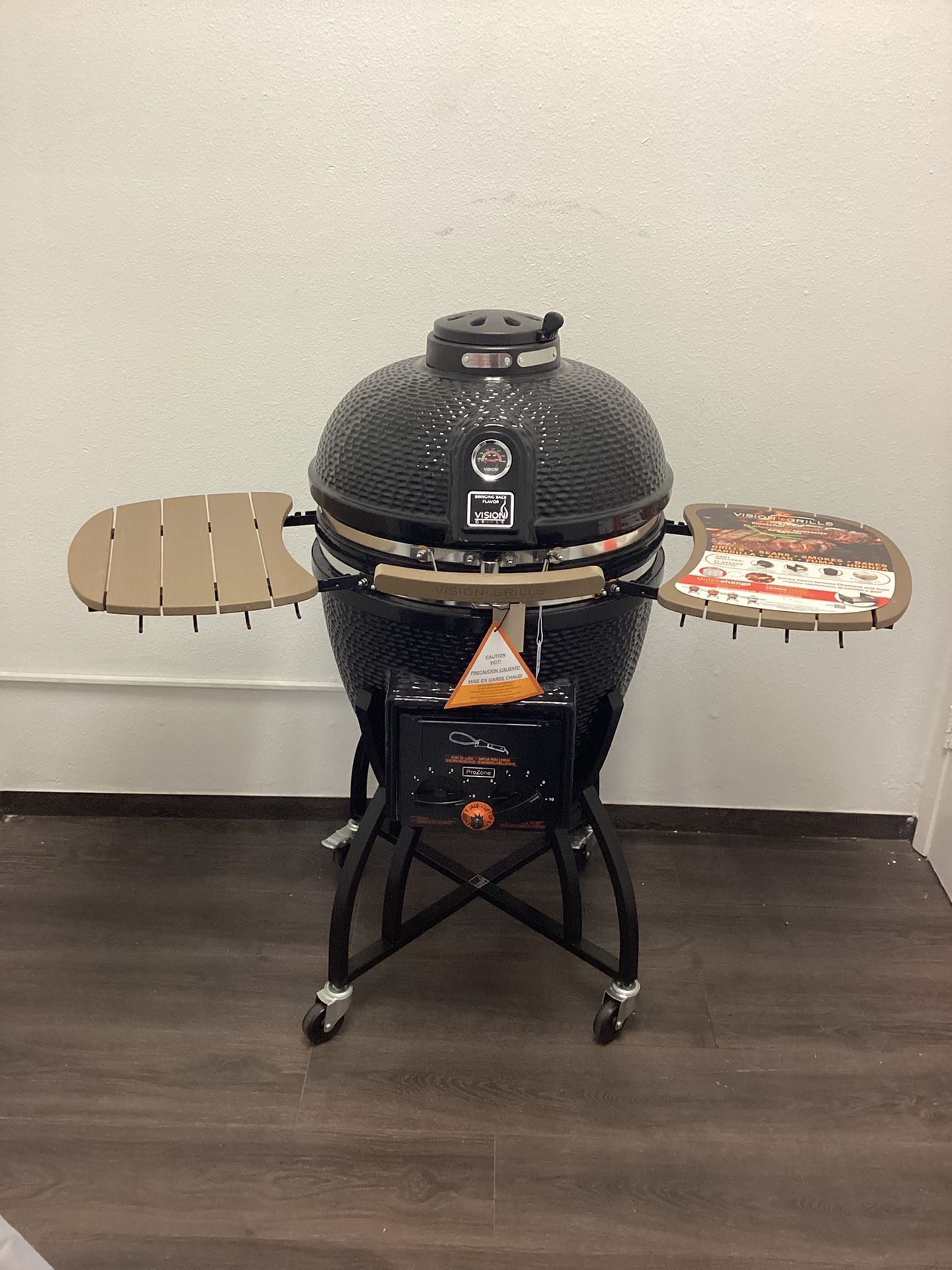 Vision Grills 22 in. Kamado S-Series Ceramic Charcoal Grill in Black with Cover, Cart, Side Shelves, Two Cooking Grates and Ash Drawer