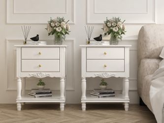 Set of 2 19.7" Vintage White/Black Nightstand with 2 Drawers and Open Shelf