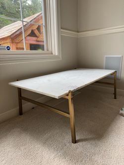 CB2 Slab Marble Coffee Table – White Banswara Marble + Brass Base