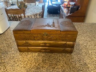Vintage Asian hand carved wooden jewelry box