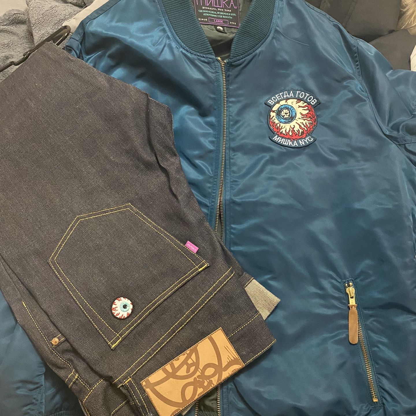 Men Mishka outfit Large Track jacket and Set Denim Jeans size 34