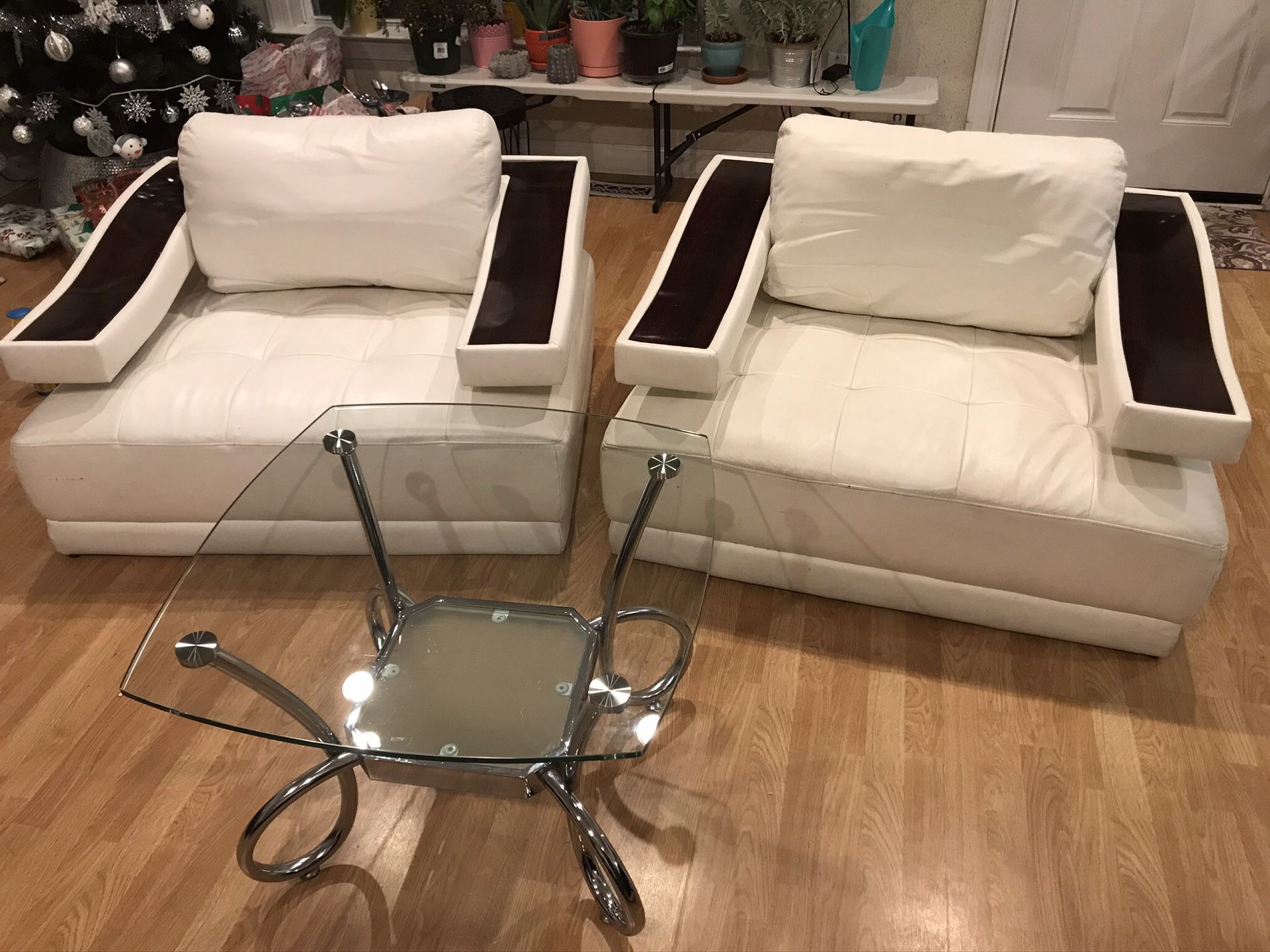 (2) Leather Arm Chairs & (1) Tempered Glass Coffee Table