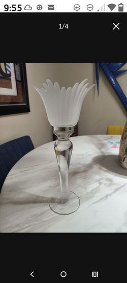 13-1/2" CRYSTAL CLEAR CANDLE STICK w FROSTED TULIP VOTIVE TOPS MADE ROMANIA