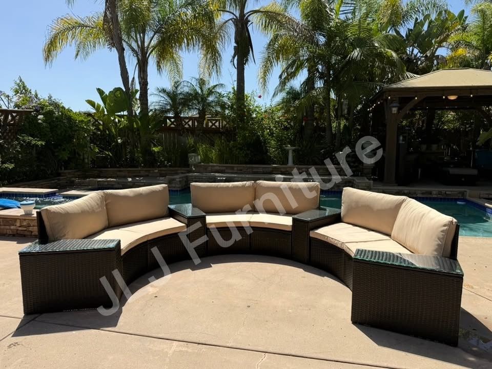 NEW🔥Outdoor Patio Furniture Set 7 Pc Curved Half Moon Brown Wicker Beige Cushions Tables ASSEMBLED