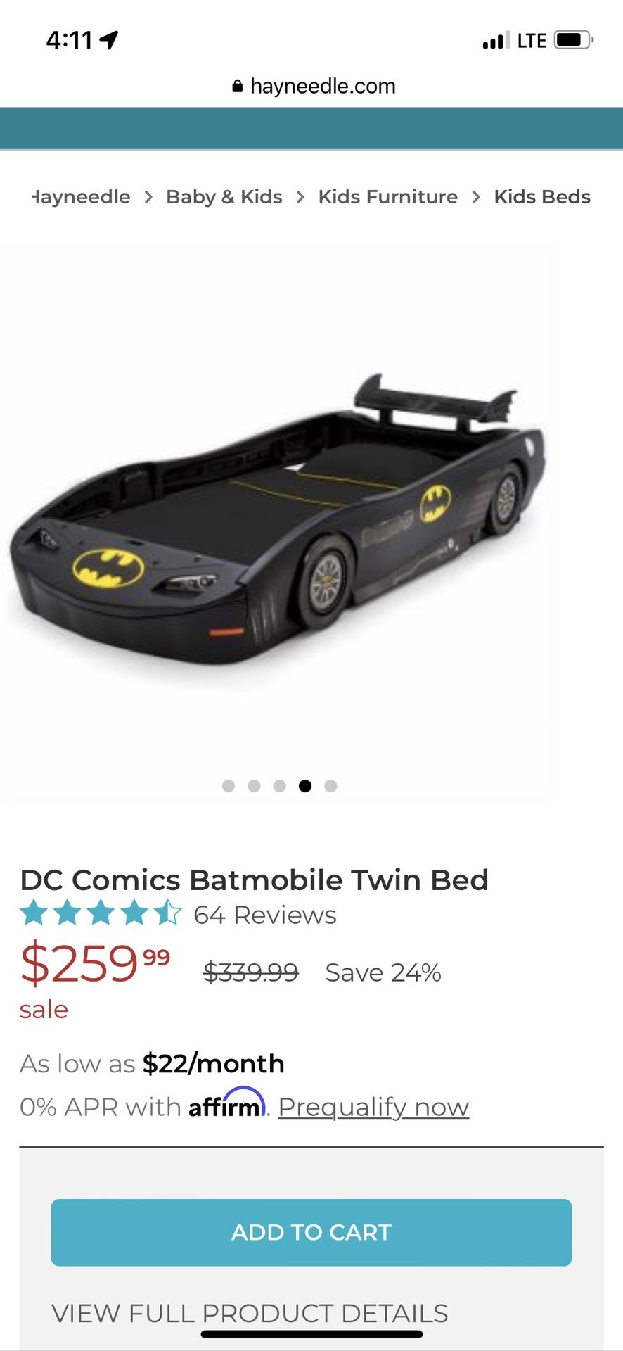 Batman Batmobile Twin Bed W/Mattress