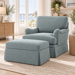 Oversized Accent Chair w/ Storage Ottoman – Smoky Blue Green