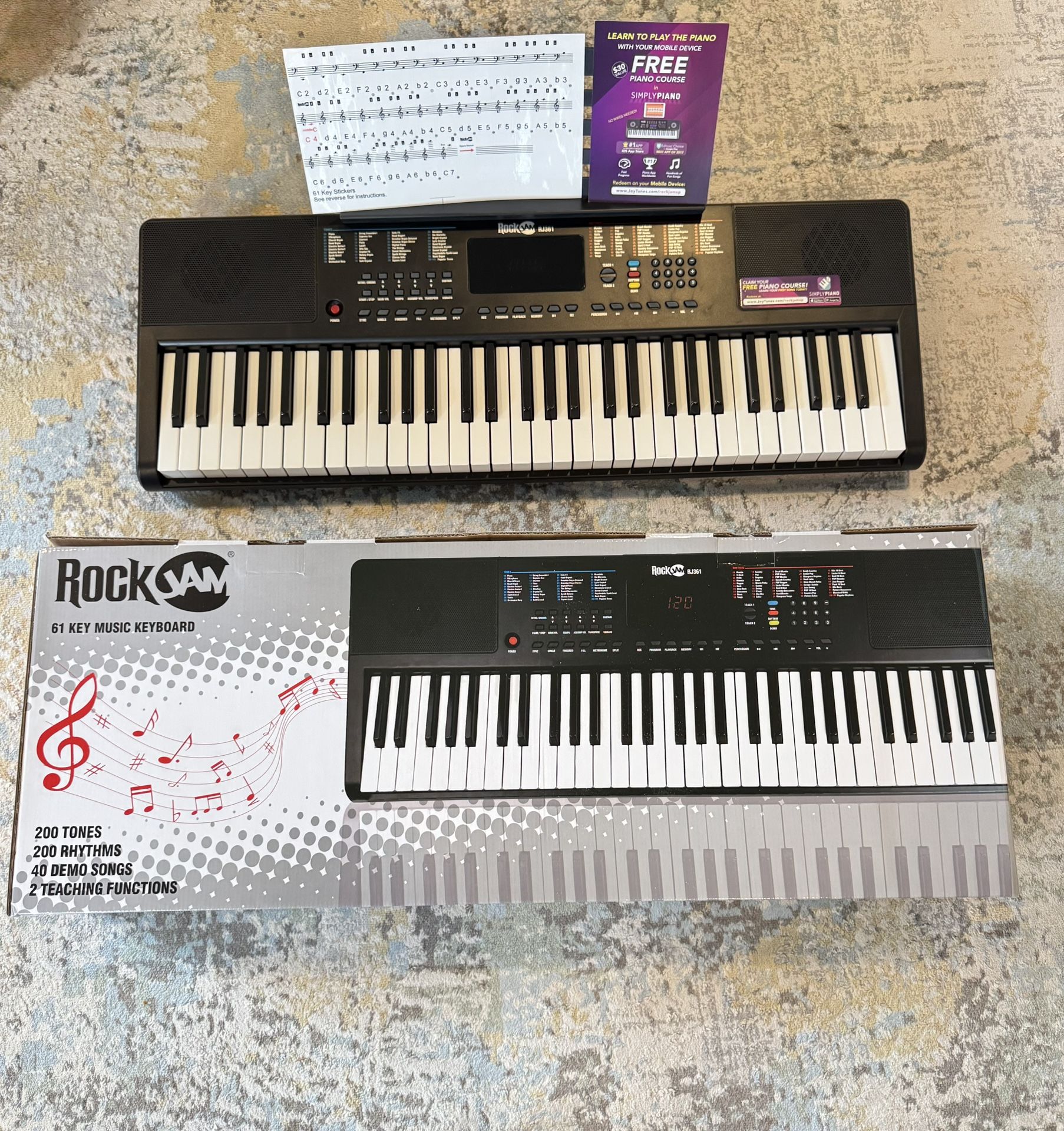 RockJam 61-Key Compact Keyboard Piano with LED Display, Keynote Stickers & Lessons