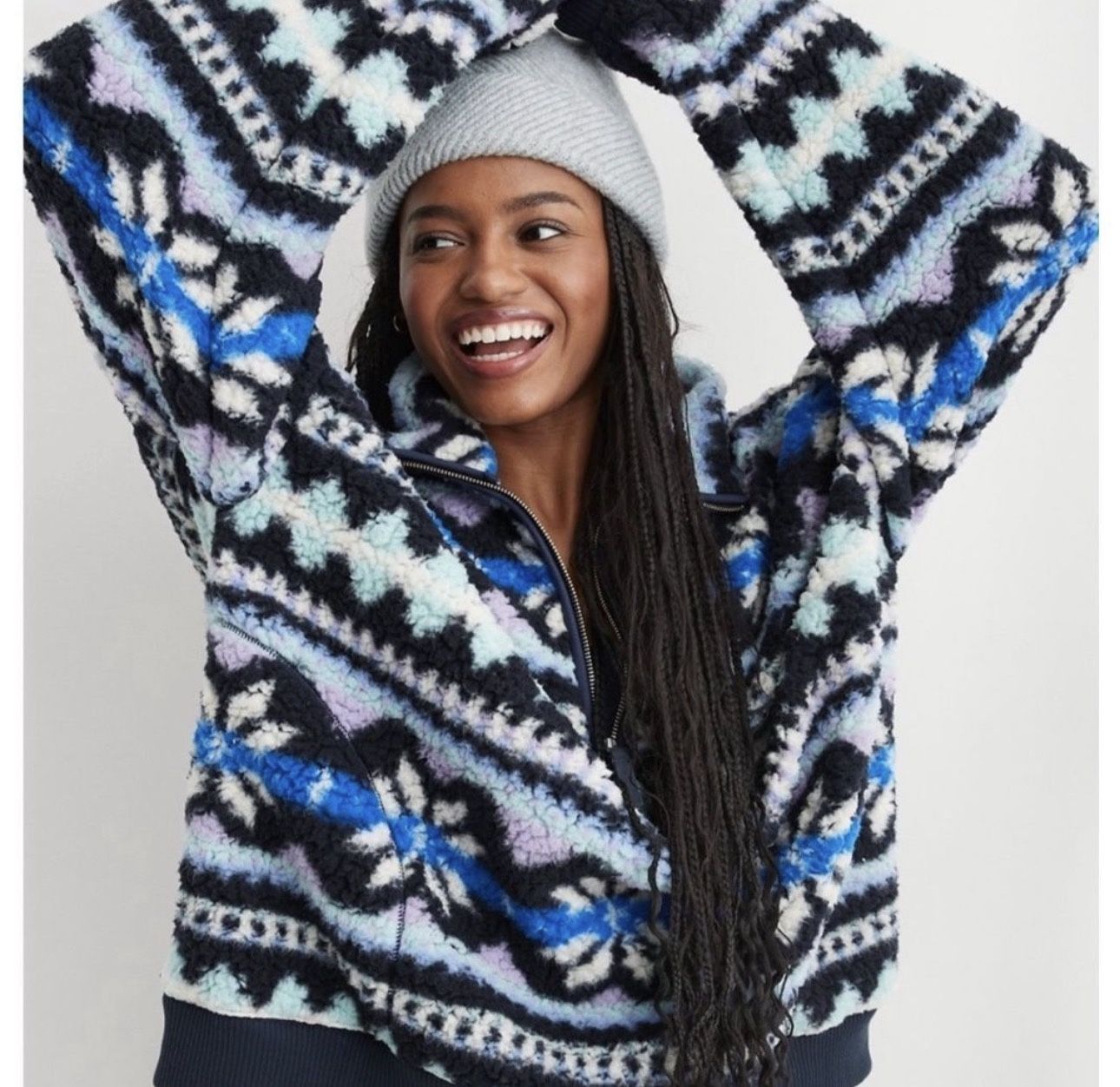 Aerie Oversized Quarter Zip Sweatshirt Blue Fleece Size XXS