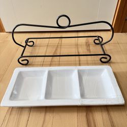 three tray server white ceramic/heavy duty stand 19"x8.5"x7" like brand new 