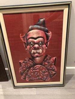vintage painted picture clown under glass in 1973, size 20x27.