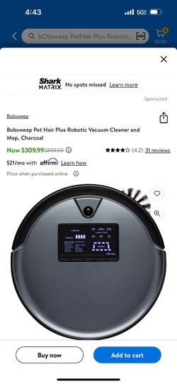 Bobsweep Pet Hair Plus Robotic Vacuum Cleaner and Mop, Charcoal