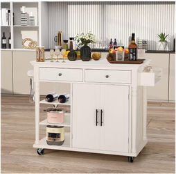 White Rolling Kitchen Island Cart with Storage