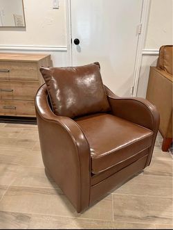 Brown Leather Accent Chair with Pillow
