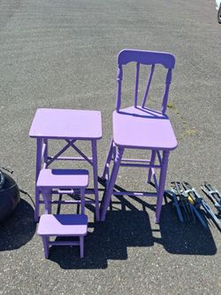 Purple Painted Wood Chair and Step Stool Set