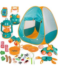 FUN LITTLE TOYS Kids Camping Set with Pop Up Play Tent Camping Toys with Battery Lantern and Drawstring Bag Indoor Outdoor Pretend Play