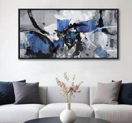 New 24”x48” Blue Large Abstract Canvas Wall Art: Framed Artwork