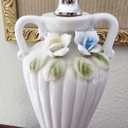 Vintage lamps, white porcelain floral lamps, marble base, chipped