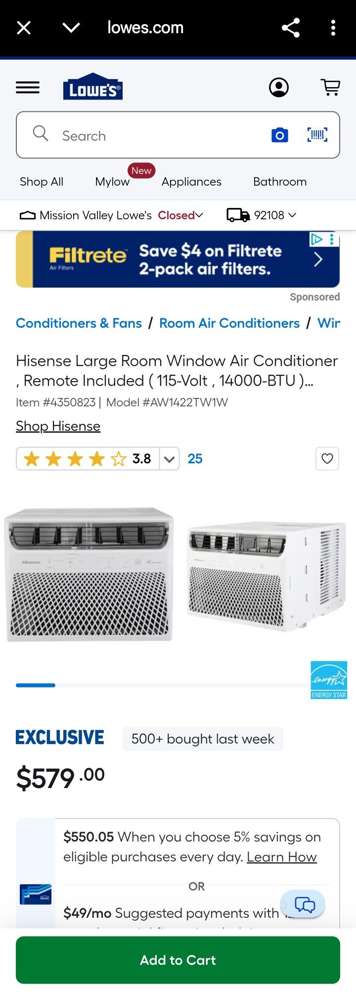 Hisense Large Room Window Air Conditioner , Remote Included ( 115-Volt , 14000-BTU )