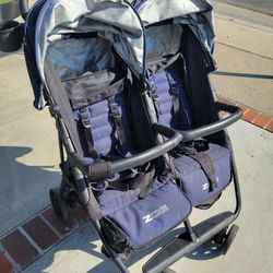 Blue Zoe Double Twin Side By Side Child Toddler Kid Push Foldable Stroller
