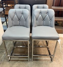 New assembled set of 4, 24" Grey Counter Height Bar Stools Set Button Tufted Back 2.6" Thick Seat, Easy-Clean Leather, Quick Assembly, Chrome Legs wit