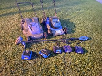 2 electric mownlowers and 1 electric weed eater with 3 Barrie’s and 5 chargers