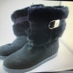 Women’s G By Guess Textile Faux Fur Round Toe Black Leather 7.5 M Boots Buckle