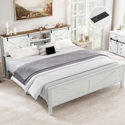 BED FRAME KING SIZE WITH BOOKCASE SHELVES AND CHARGING STATION BRAND NEW IN BOX!!!