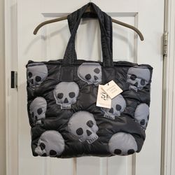 New Sincerely Jules Skull Puffer Halloween Tote Bag Laptop Sleeve Black Grey