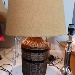 Vintage Large Wicker Lamp With Burlap Shade