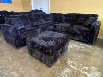 Corduroy Black Sectional With Ottoman