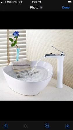 White Ceramic Vessel Sink with Tall Faucet