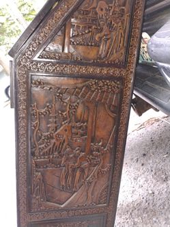 Antique Hand-Carved Desk w/Chair from Asia
Vintage Asian Hand Carved Drop Leaf Secretary Desk