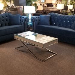 Brand New Navy Blue Velvet Modern Sofa + Loveseat 2PCs Set